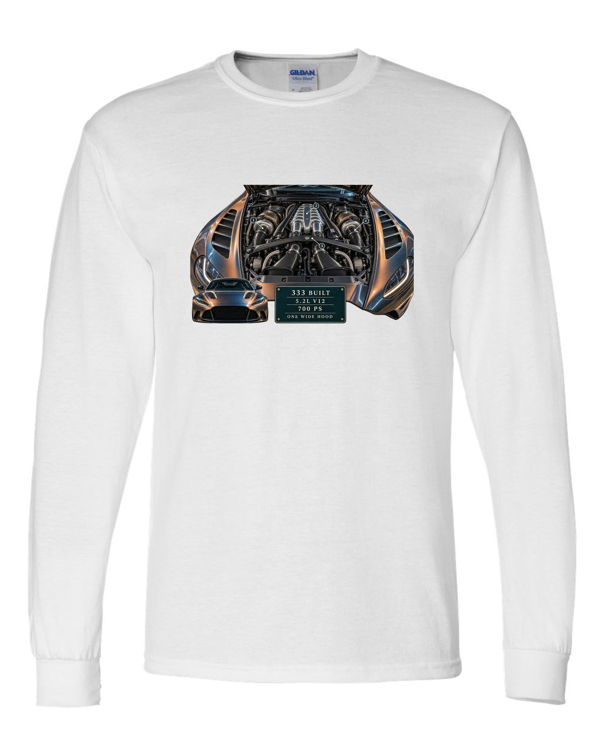 Aston Martin V12 Vantage 2022 engine hero print with 333 built 5.2L V12 700 PS text white long sleeve front view with the design