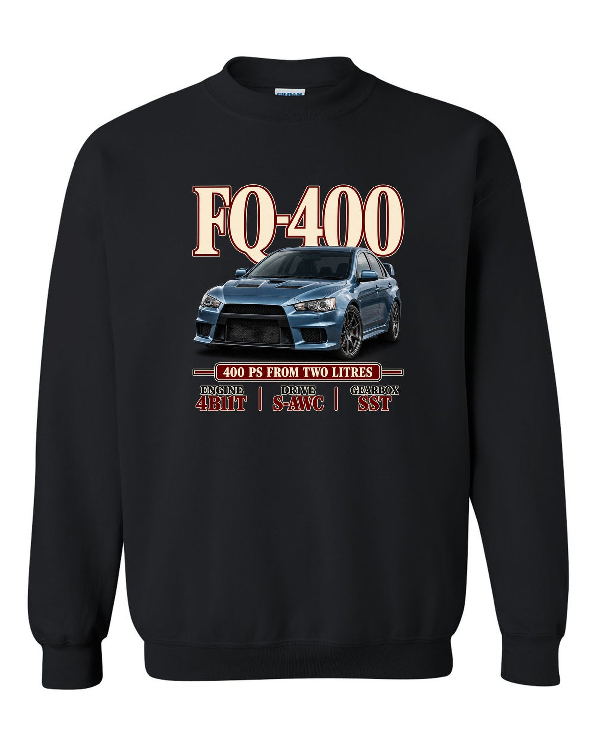 Mitsubishi Lancer Evolution X FQ-400 low front three-quarter archive panel print black crewneck front view with the design