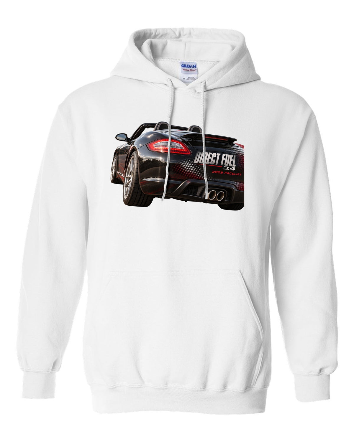 Taillight macro print of a Porsche Boxster 987.2 facelift white pull over hoodie front view with the design