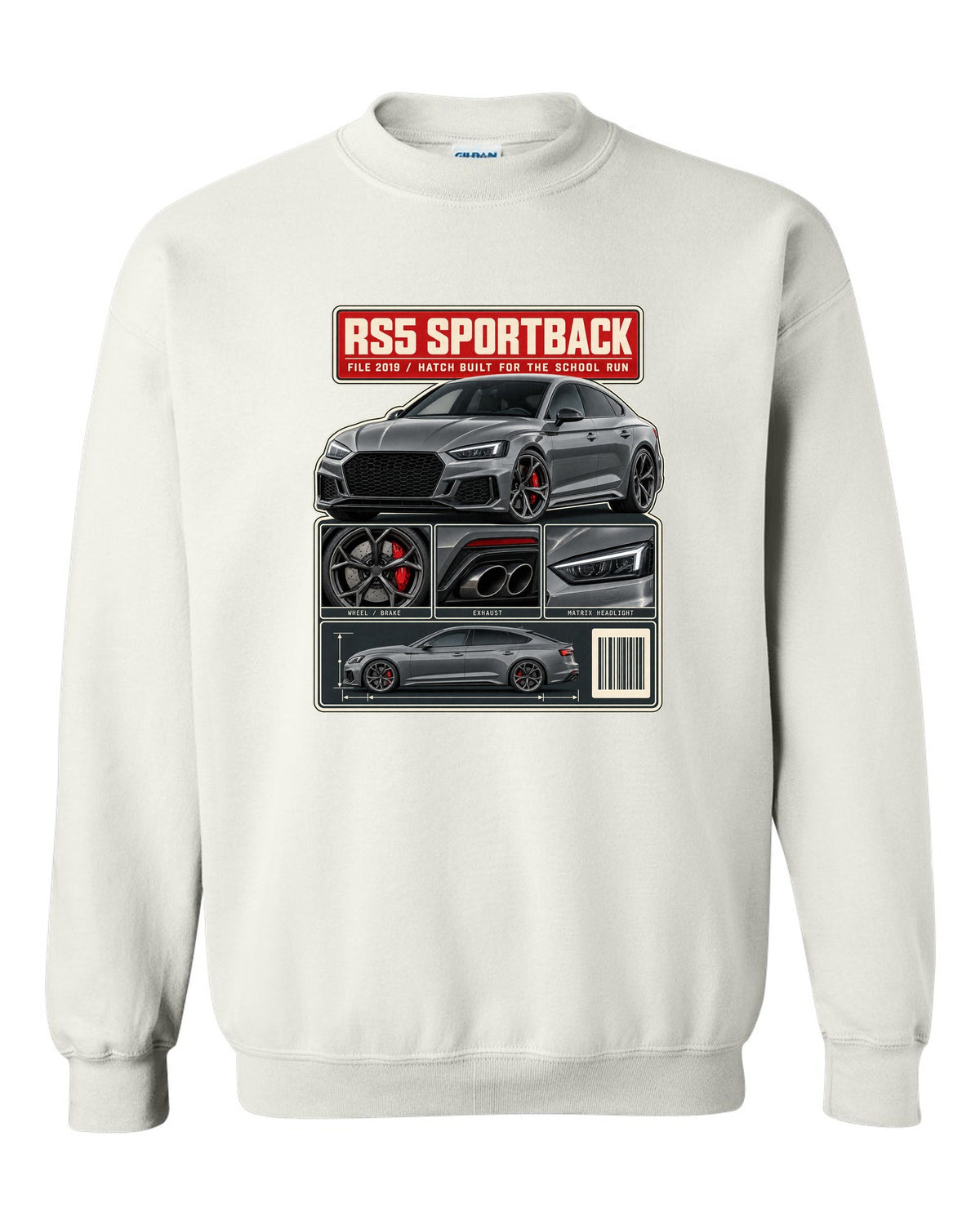 Audi RS5 Sportback B9 dossier panel print design white crewneck front view with the design