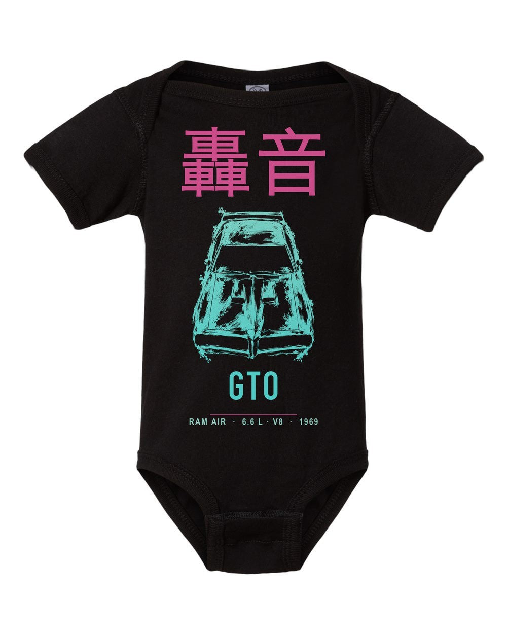 GTO artwork black baby onesie front view
