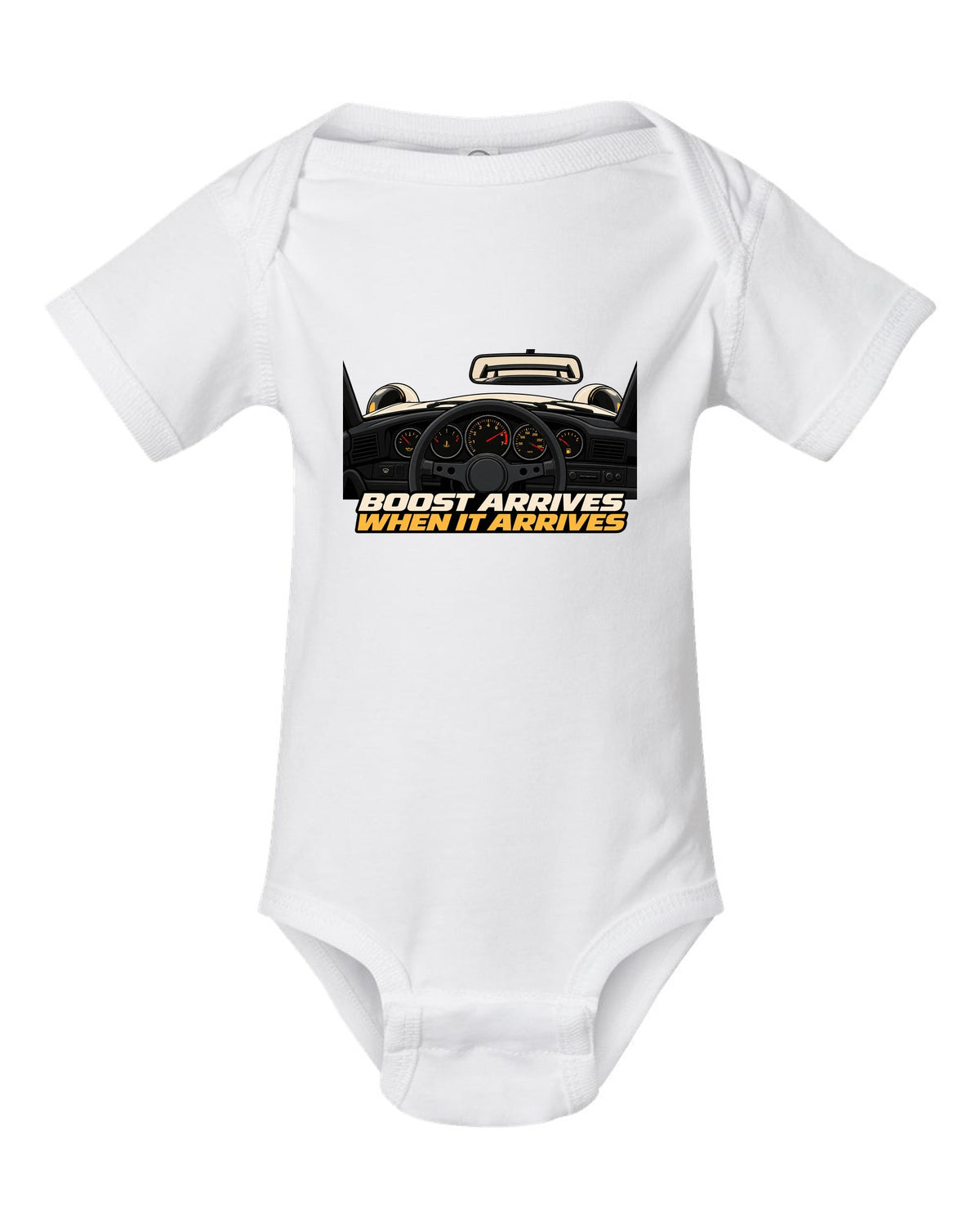 Gauge cockpit vector print of a 1993 Porsche 911 Turbo 964 with Boost Arrives When It Arrives lettering white baby onesie front view with the design