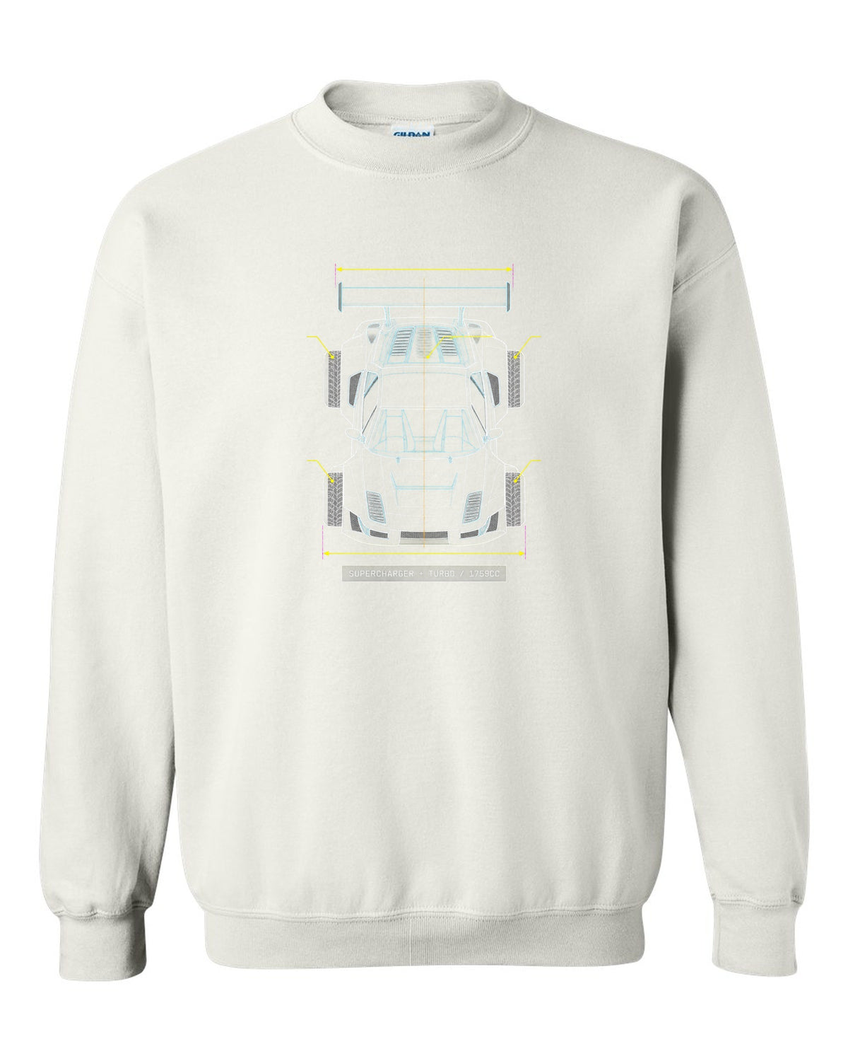 Overhead blueprint line drawing of a Lancia Delta S4 with supercharger and turbo caption white crewneck front view with the design