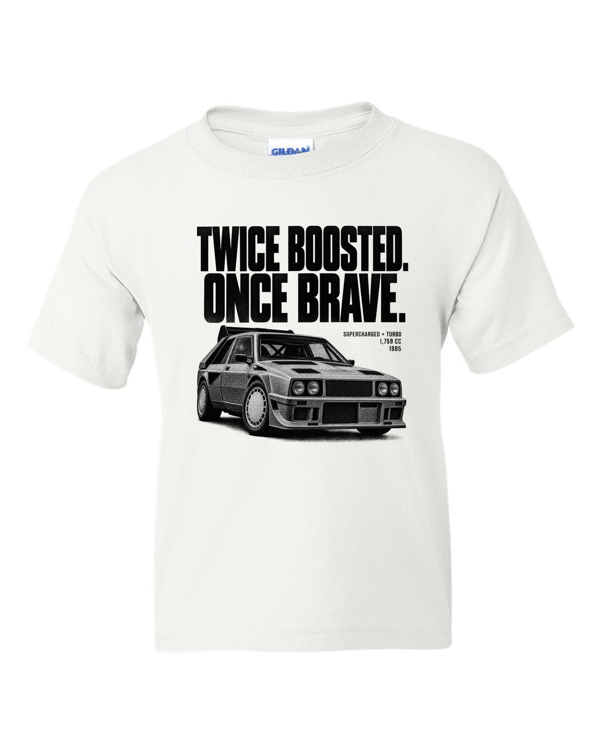 Halftone print of a Lancia Delta S4 with supercharged and turbo lettering white kids tee front view with the design