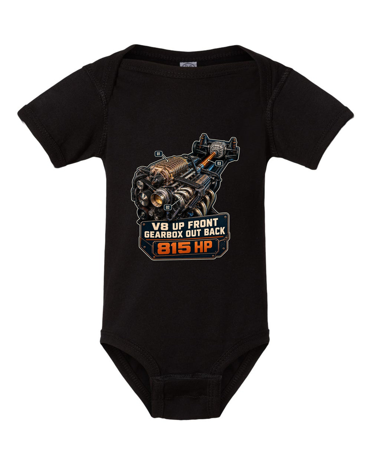 print of a Mustang GTD supercharged V8 engine with V8 up front gearbox out back text black baby onesie front view with the design