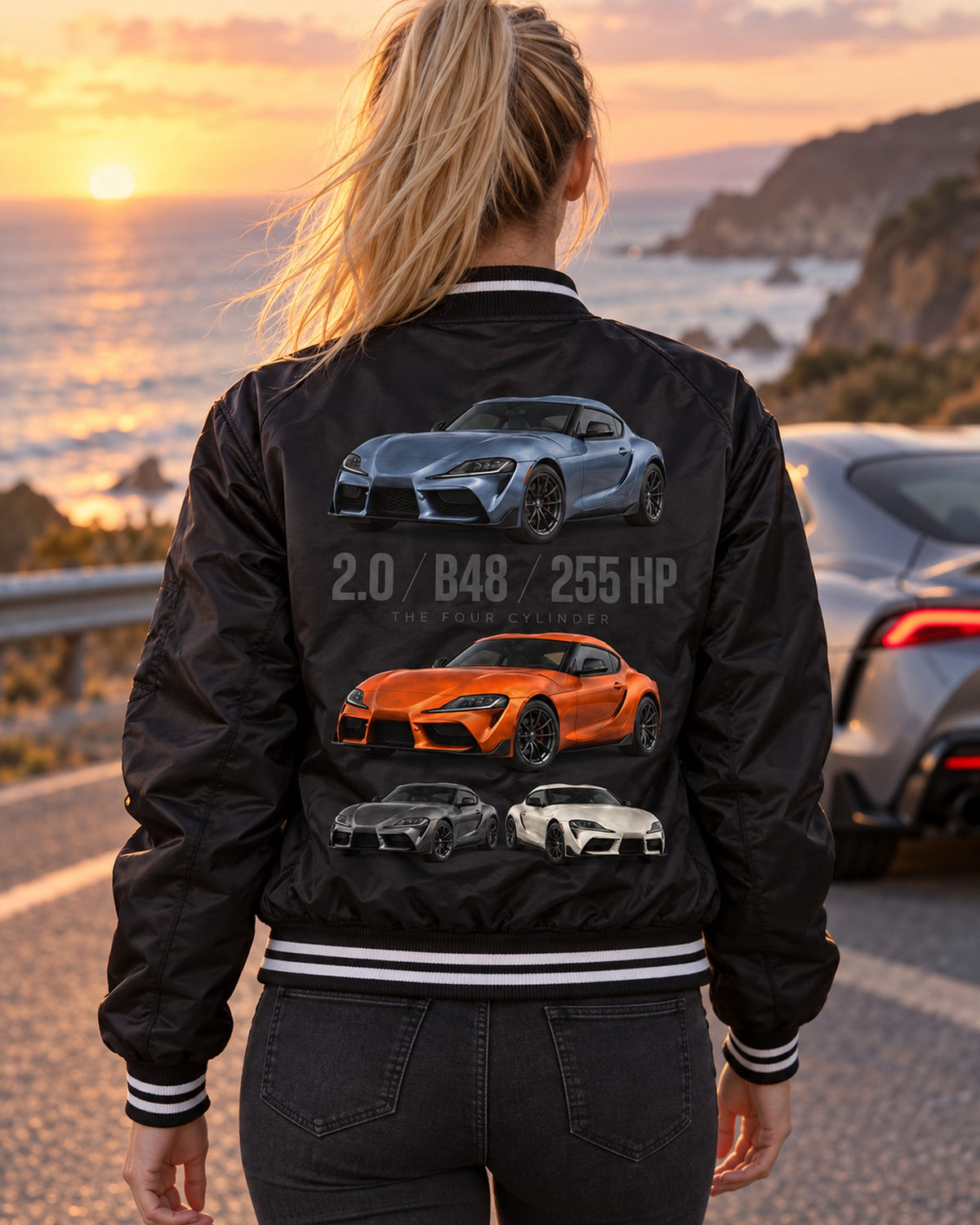 Toyota GR Supra 2.0 B48 Spec Poster Shirt, Four-Cylinder Bomber Jacket Black worn hero