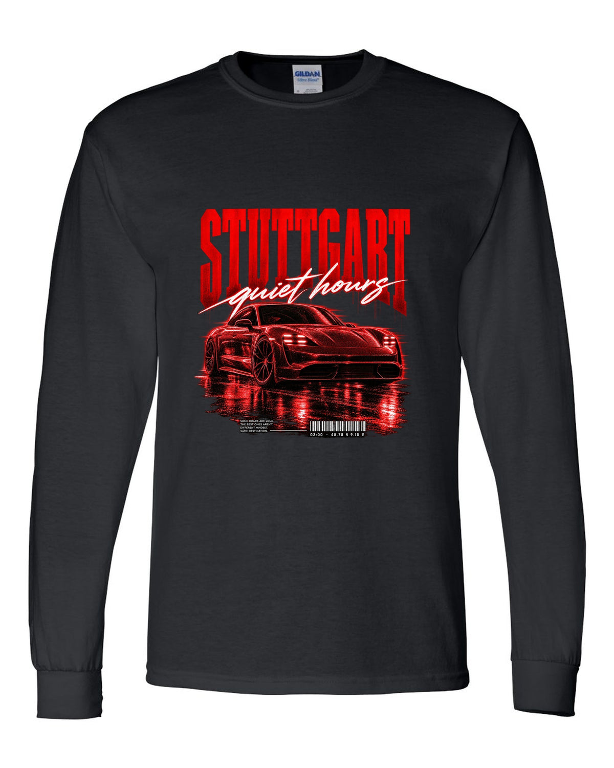 Low widebody Porsche Taycan Turbo S 9J1 street poster with Stuttgart coordinates black long sleeve front view with the design