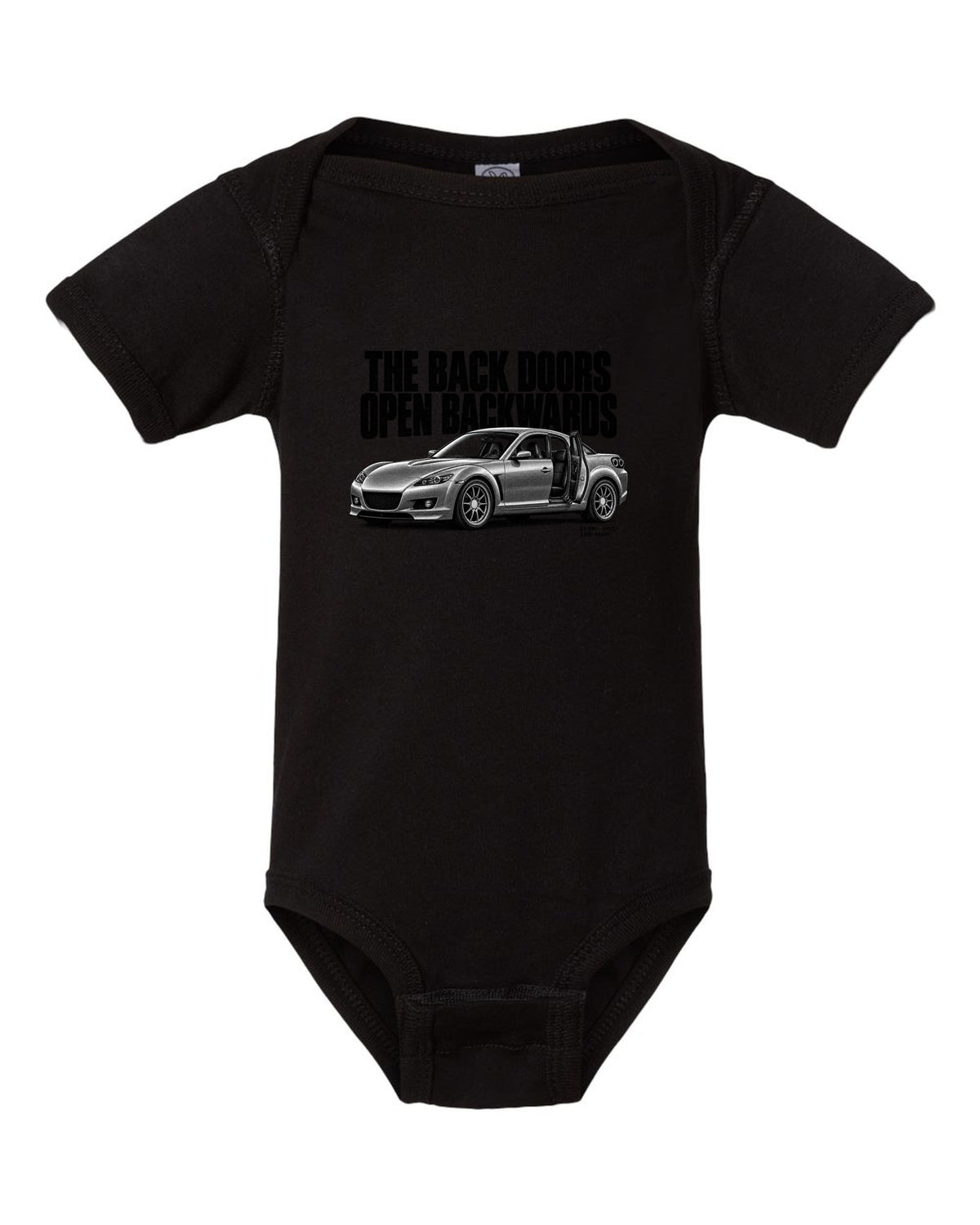 Halftone print of a Mazda RX-8 SE3P with back doors lettering black baby onesie front view with the design