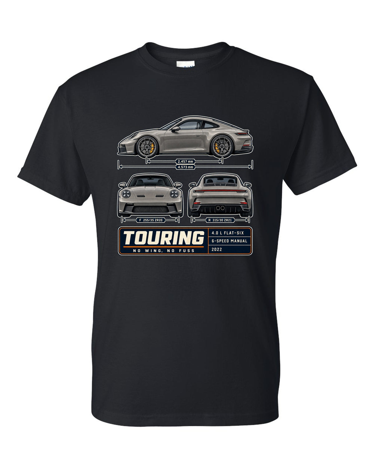 Porsche 992 GT3 Touring three-view spec table print design black t-shirt front view with the design