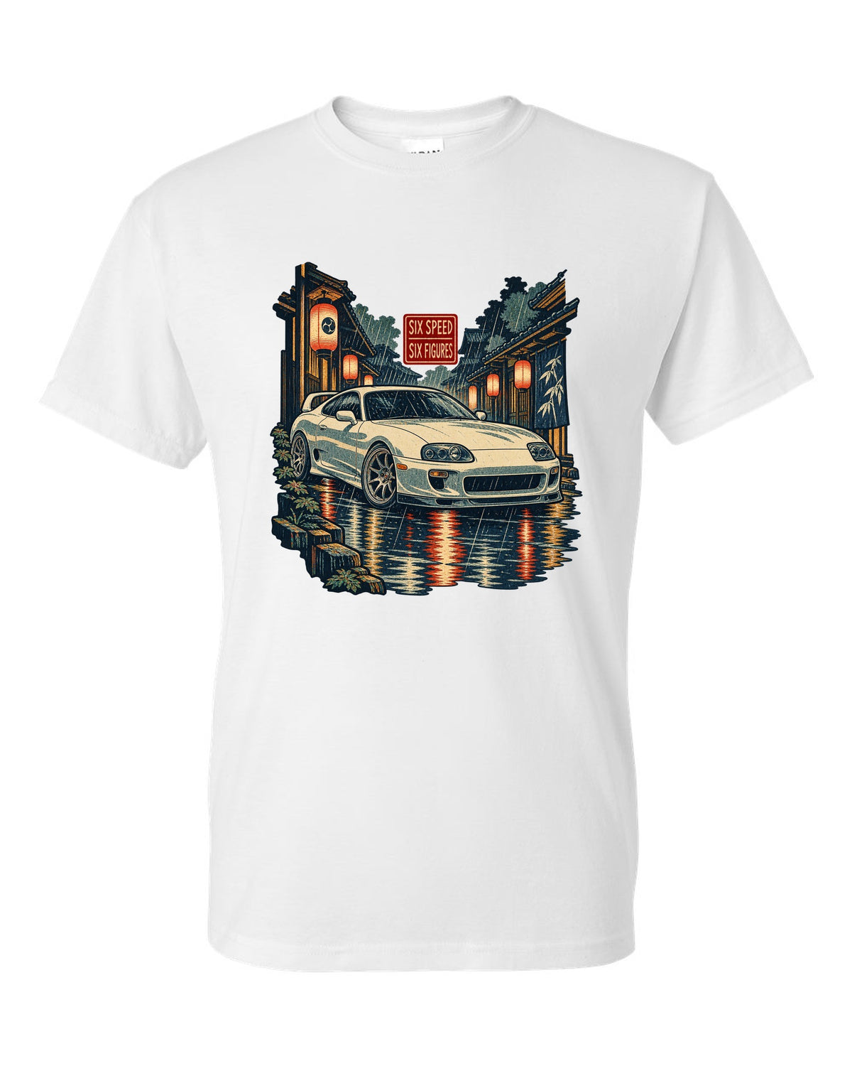Ukiyo-e woodblock scene of a Toyota Supra A80 JZA80 in lantern rain with six speed six figures text white t-shirt front view with the design
