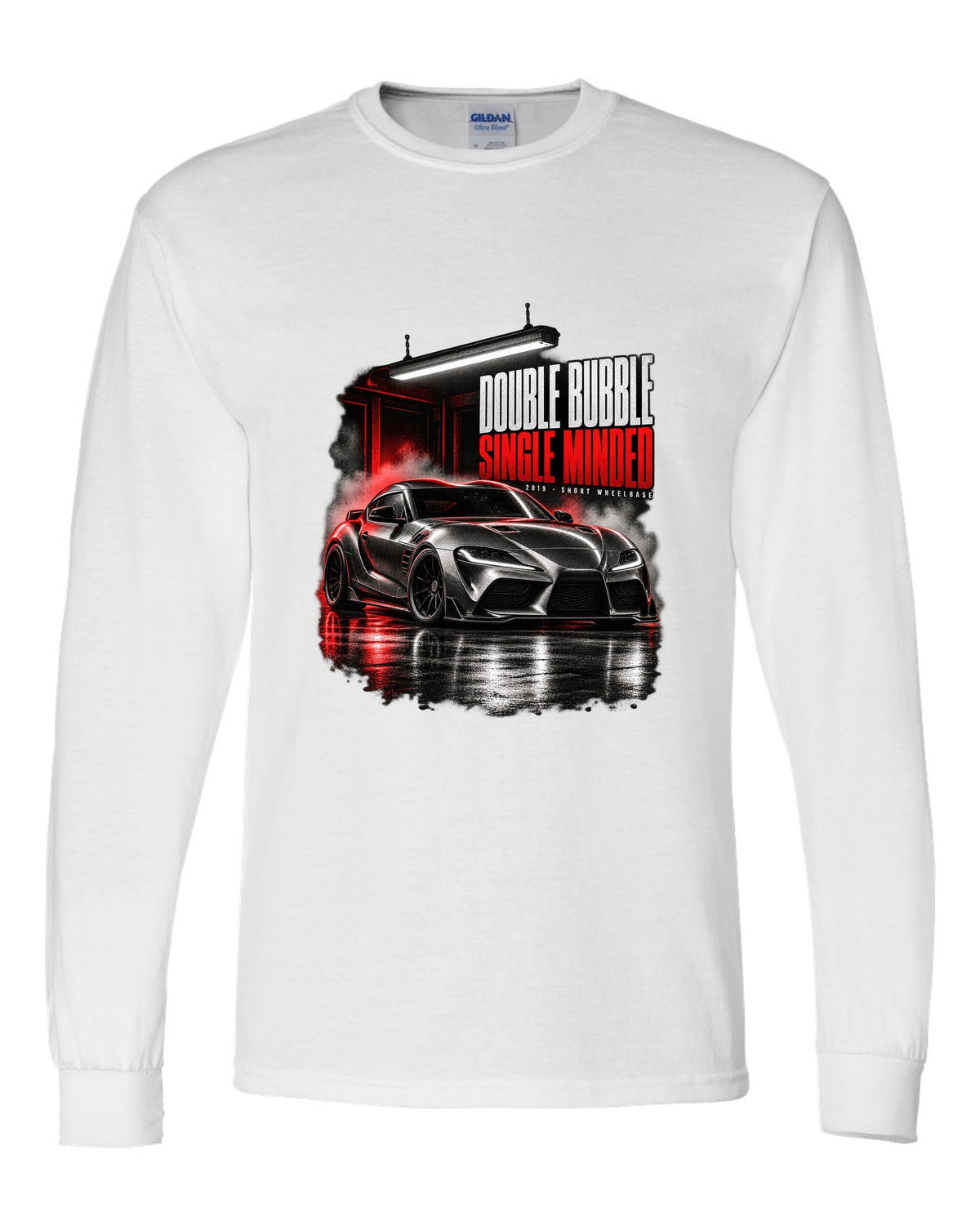 Garage night print of a Toyota GR Supra A90 with the text Double Bubble Single Minded white long sleeve front view with the design