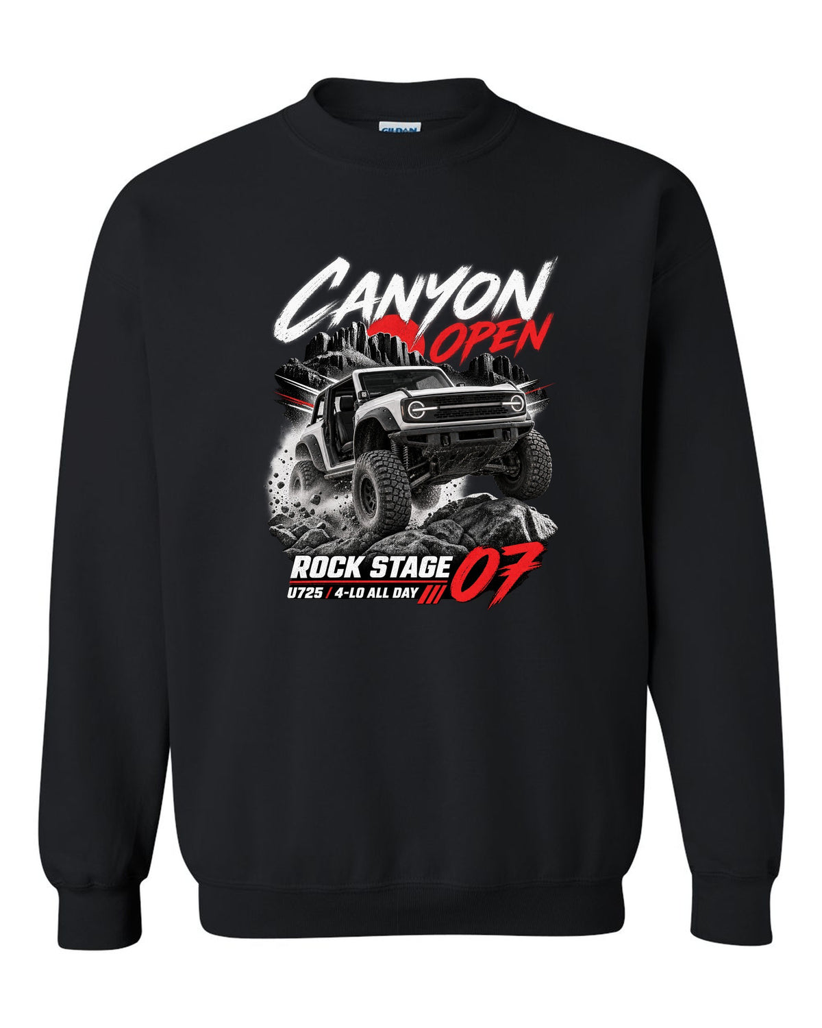 Ford Bronco 2021 two-door U725 race poster print with Rock Stage 07 and 4-Lo text black crewneck front view with the design