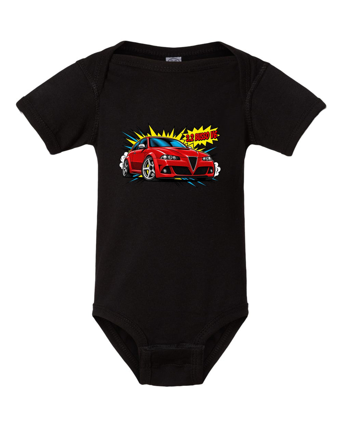 Comic halftone pop-art illustration of an Alfa Romeo 147 GTA with 3.2 Busso V6 text black baby onesie front view with the design