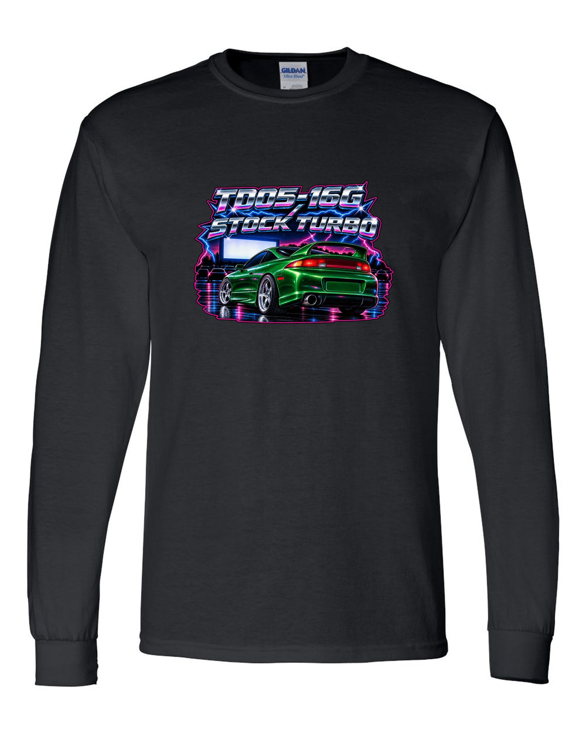 80s airbrush chrome print of a Mitsubishi Eclipse GSX 2G with TD05-16G stock turbo text black long sleeve front view with the design
