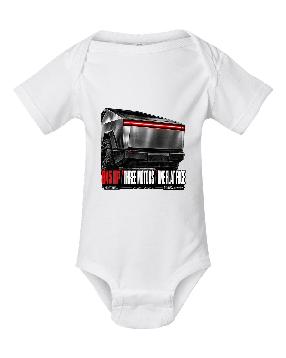 Macro of the Tesla Cybertruck Cyberbeast 2024 light bar with 845 HP and three motors text white baby onesie front view with the design