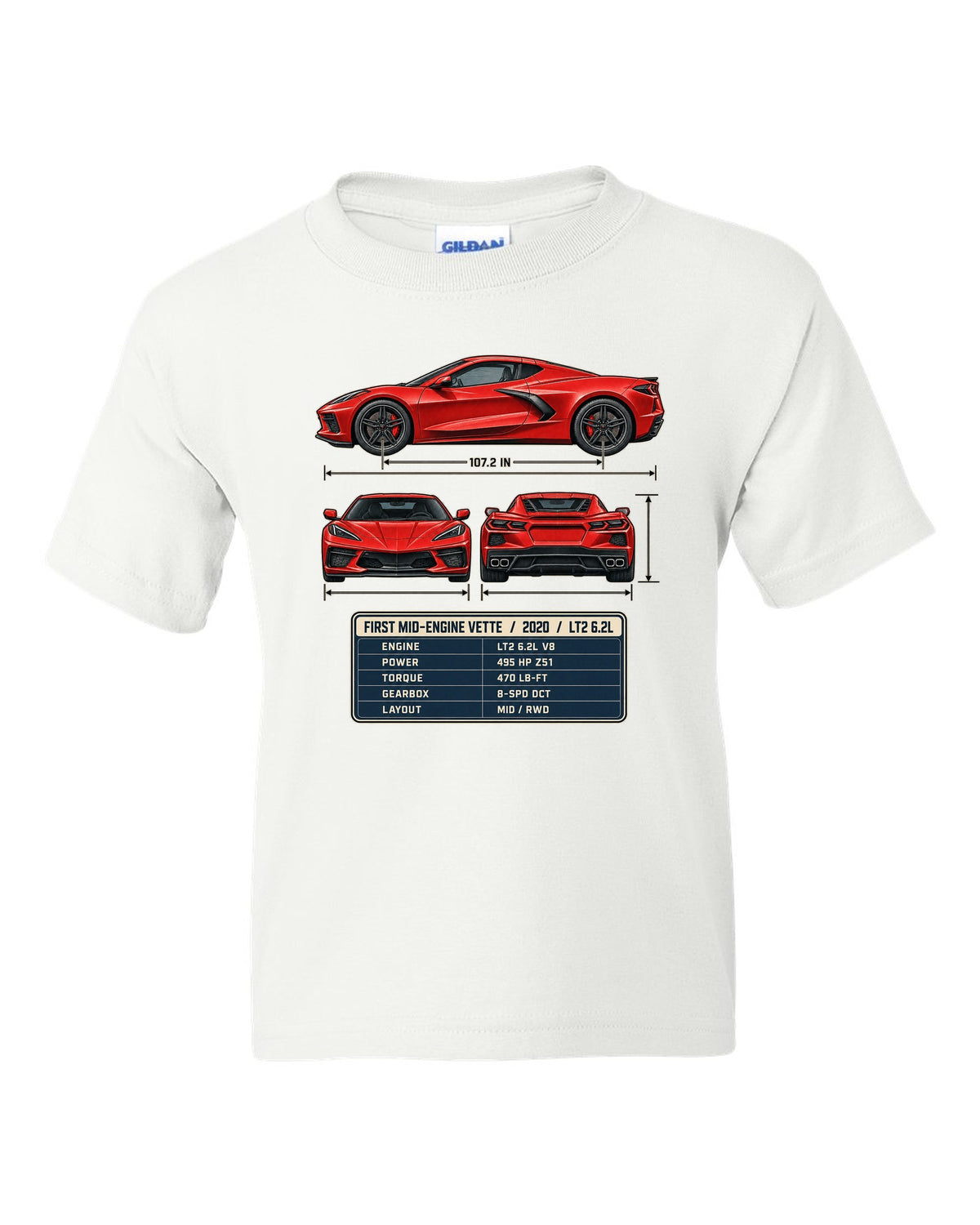 Three-view spec table print of a Chevrolet Corvette C8 Stingray with LT2 6.2L text white kids tee front view with the design