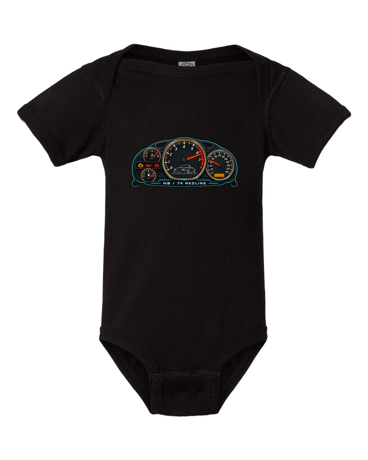 Retro Japanese Showa catalogue spread of a Mazda MX-5 NA with wheels and soft top text black baby onesie front view with the design