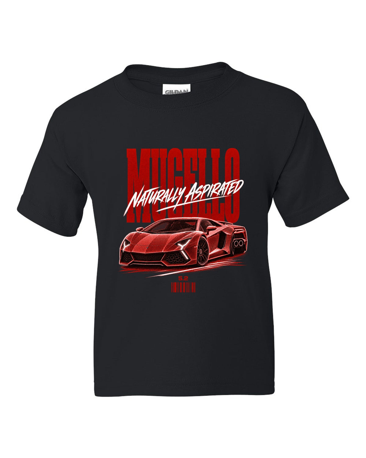 Street poster print of a Lamborghini Huracan Tecnica LP640-2 with Mugello and Naturally Aspirated text black kids tee front view with the design