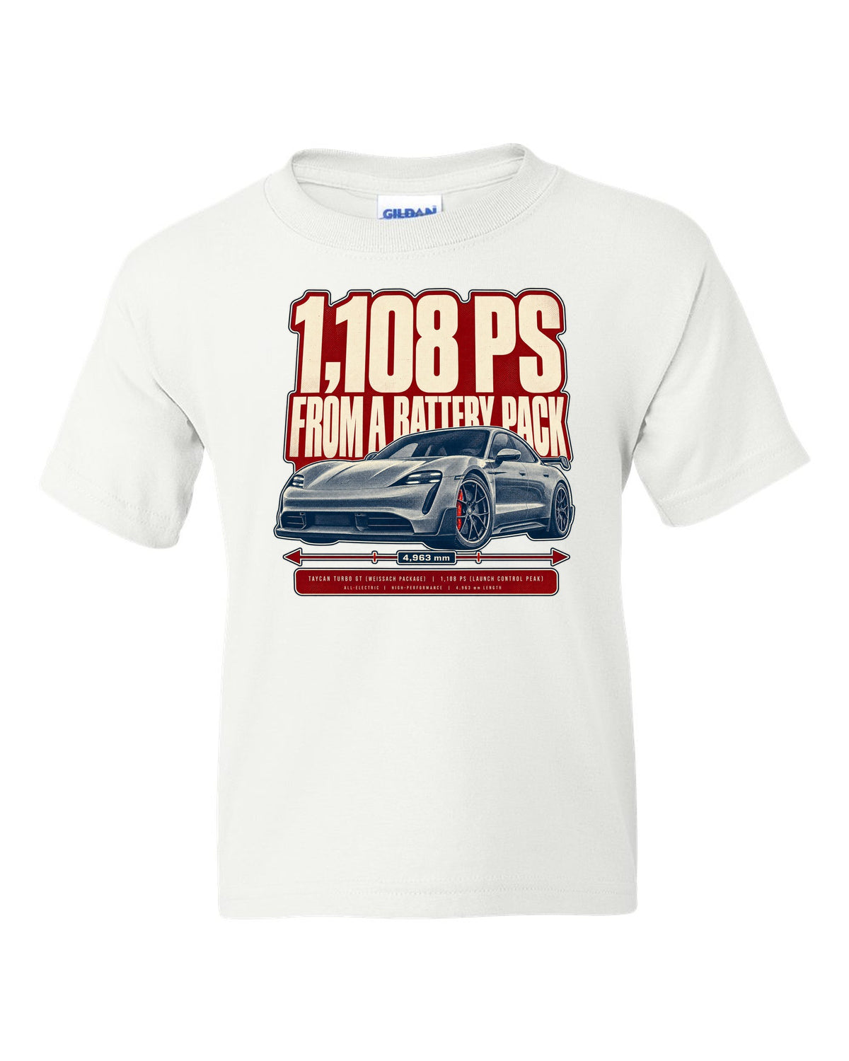 Halftone print of a low front three-quarter Porsche Taycan Turbo GT with 1,108 PS text white kids tee front view with the design