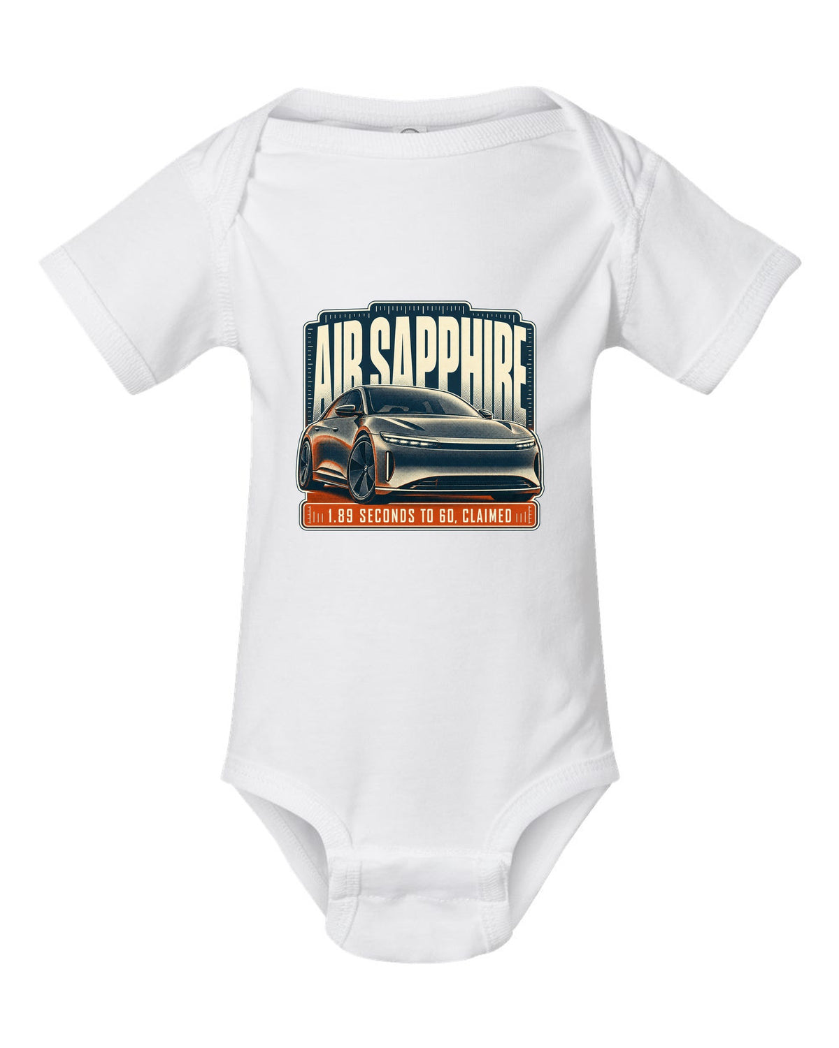 Halftone print of a Lucid Air Sapphire with 1.89 second 0-60 claim white baby onesie front view with the design