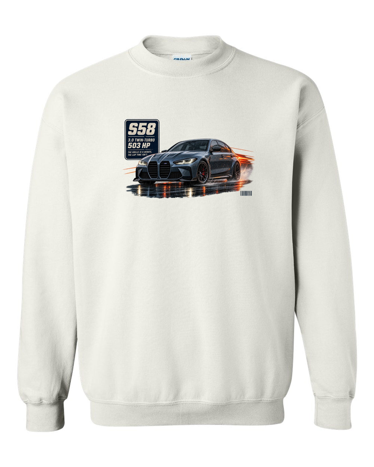 print of a BMW M3 Competition G80 on a night touge road in blue-grey white crewneck front view with the design
