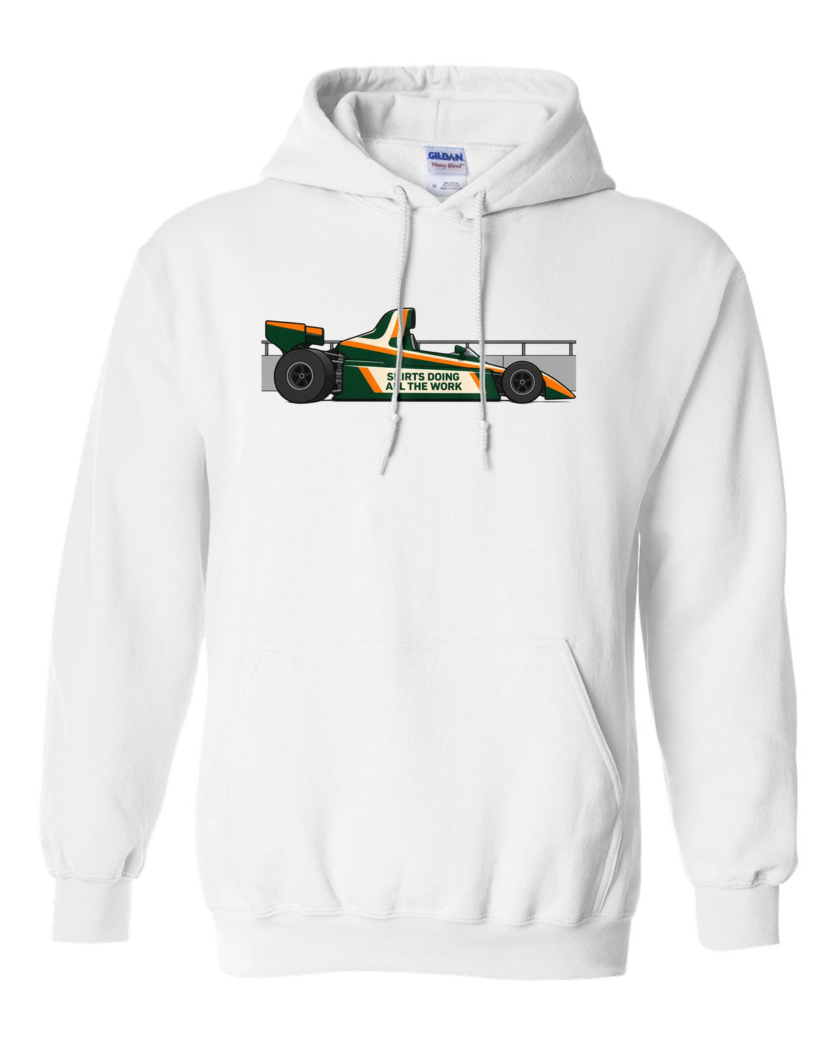Flat vector Lotus 79 Formula 1 car with the lettering skirts doing all the work white pull over hoodie front view with the design