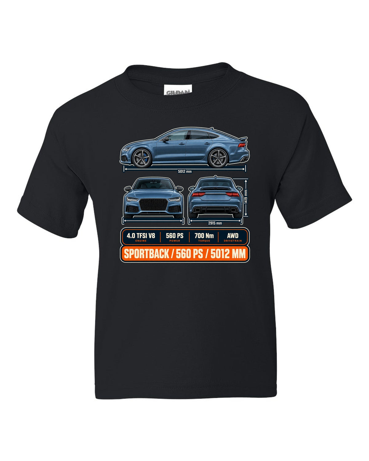 Audi RS7 Sportback C7 three-view drawing in graphite-blue print with 560 PS black kids tee front view with the design