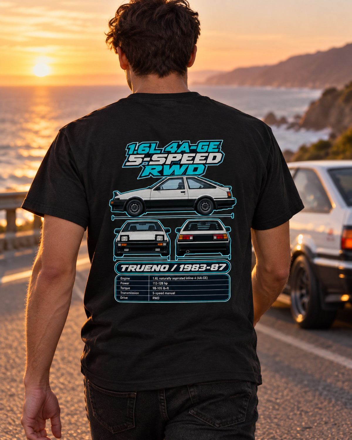 Toyota Ae86 Sprinter Trueno Spec Sheet Full-Back Graphic Tee T-Shirt Black worn hero