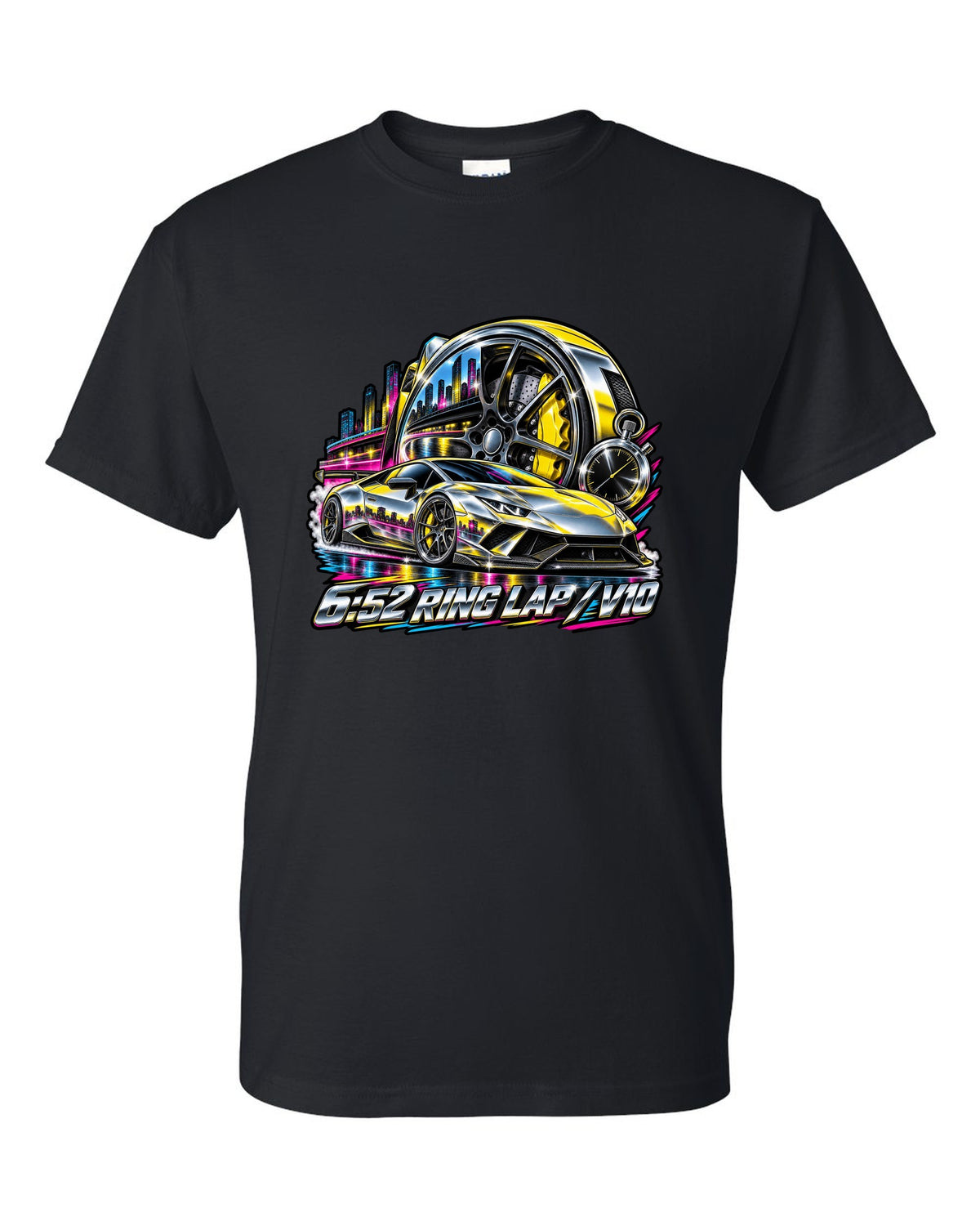 80s airbrush chrome Lamborghini Huracan Performante LP640-4 wheel and caliper with text 6:52 RING LAP / V10 black t-shirt front view with the design