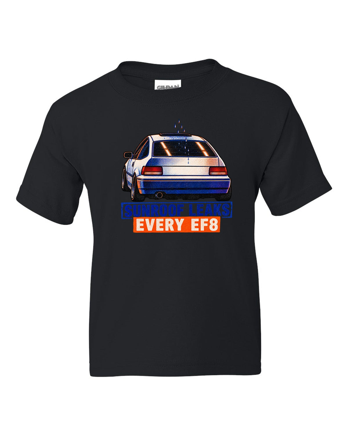 Risograph-style Honda CRX EF8 Si print with sunroof leak joke text black kids tee front view with the design