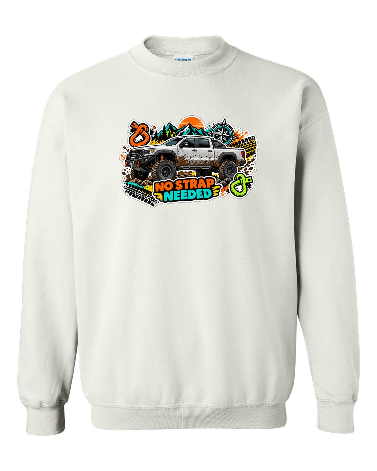 Sticker bomb collage print of a Ram Power Wagon 2500 4x4 with No Strap Needed text white crewneck front view with the design