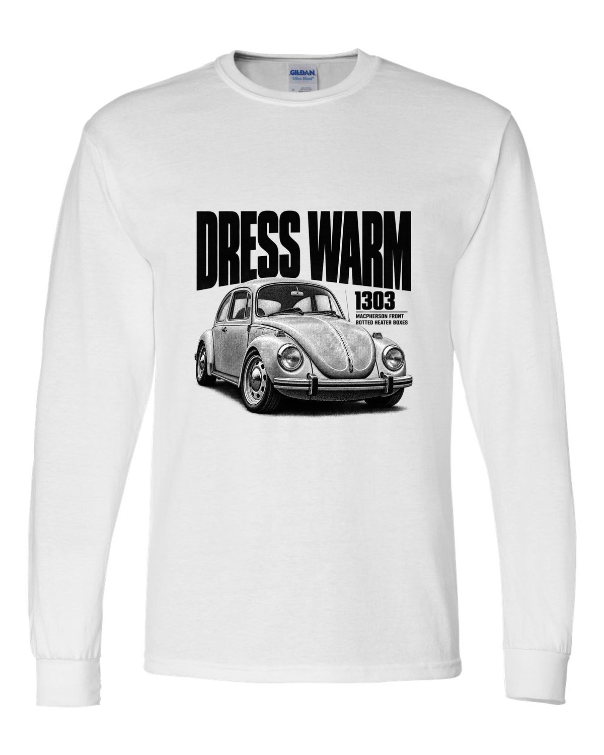 Halftone print of a VW Beetle Type 1 1303 front three-quarter with dress warm text white long sleeve front view with the design
