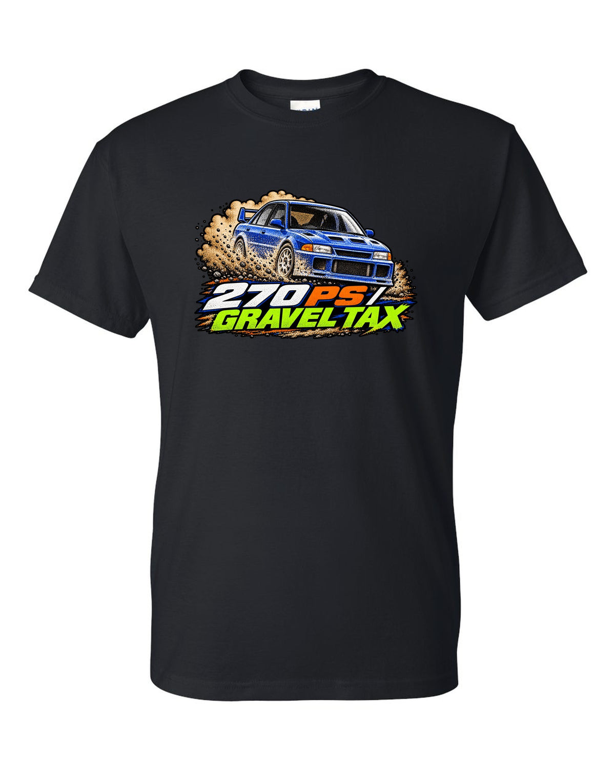 Mitsubishi Lancer Evolution III CE9A in grainy 90s rally magazine halftone, 270 PS / GRAVEL TAX black t-shirt front view with the design