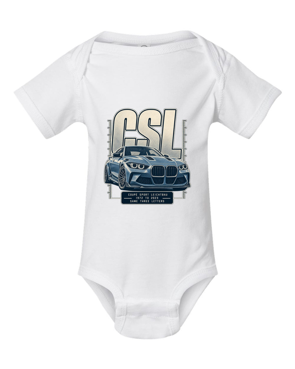 BMW CSL halftone lettering print, 1972 to 2023 white baby onesie front view with the design