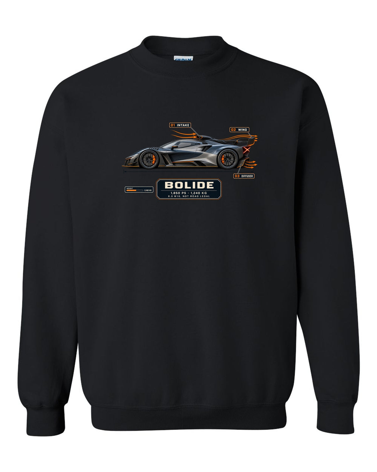 Aero callout cutaway of the Bugatti Bolide track concept, print black crewneck front view with the design