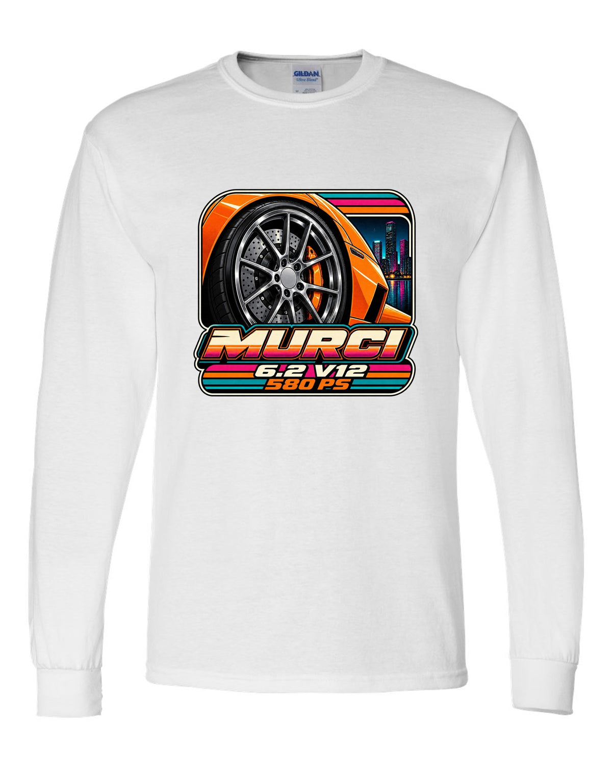Cassette tape packaging style print of a 2001 Lamborghini Murcielago wheel with 6.2 V12 and 580 PS white long sleeve front view with the design