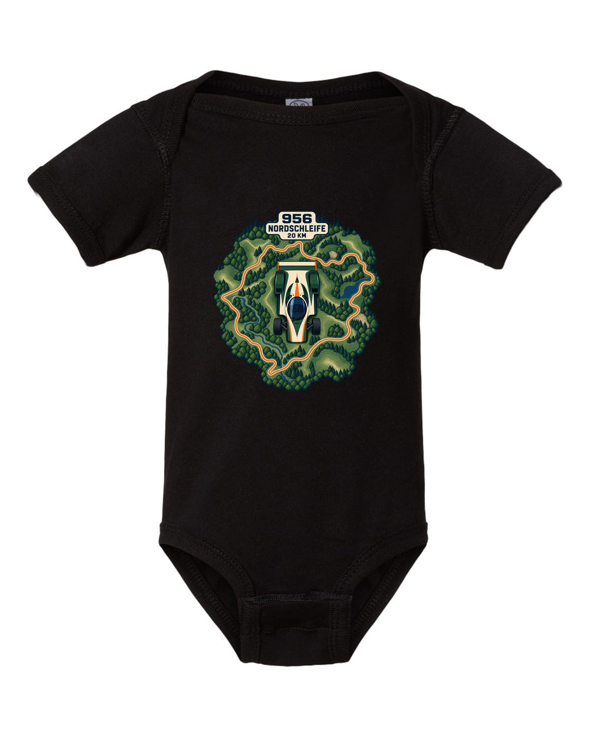 Topographic route map of the Nordschleife with Porsche 956 lettering black baby onesie front view with the design