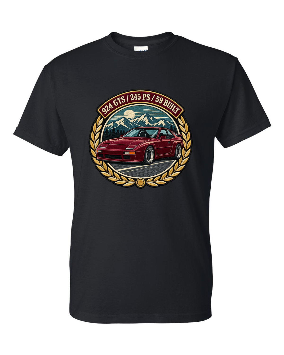 Embroidery-style racing crest for the Porsche 924 GTS with 245 PS and 59 built lettering black t-shirt front view with the design