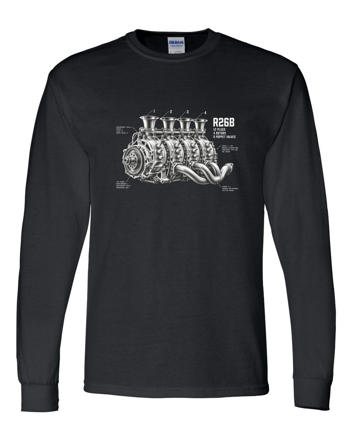 Mazda 787B R26B four-rotor engine illustration with 12 plugs and 4 rotors text black long sleeve front view with the design