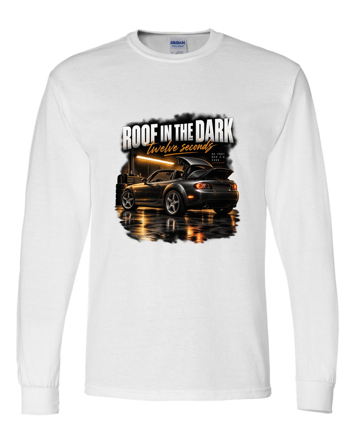 Garage night print of a Mazda MX-5 NC PRHT with the roof folding white long sleeve front view with the design