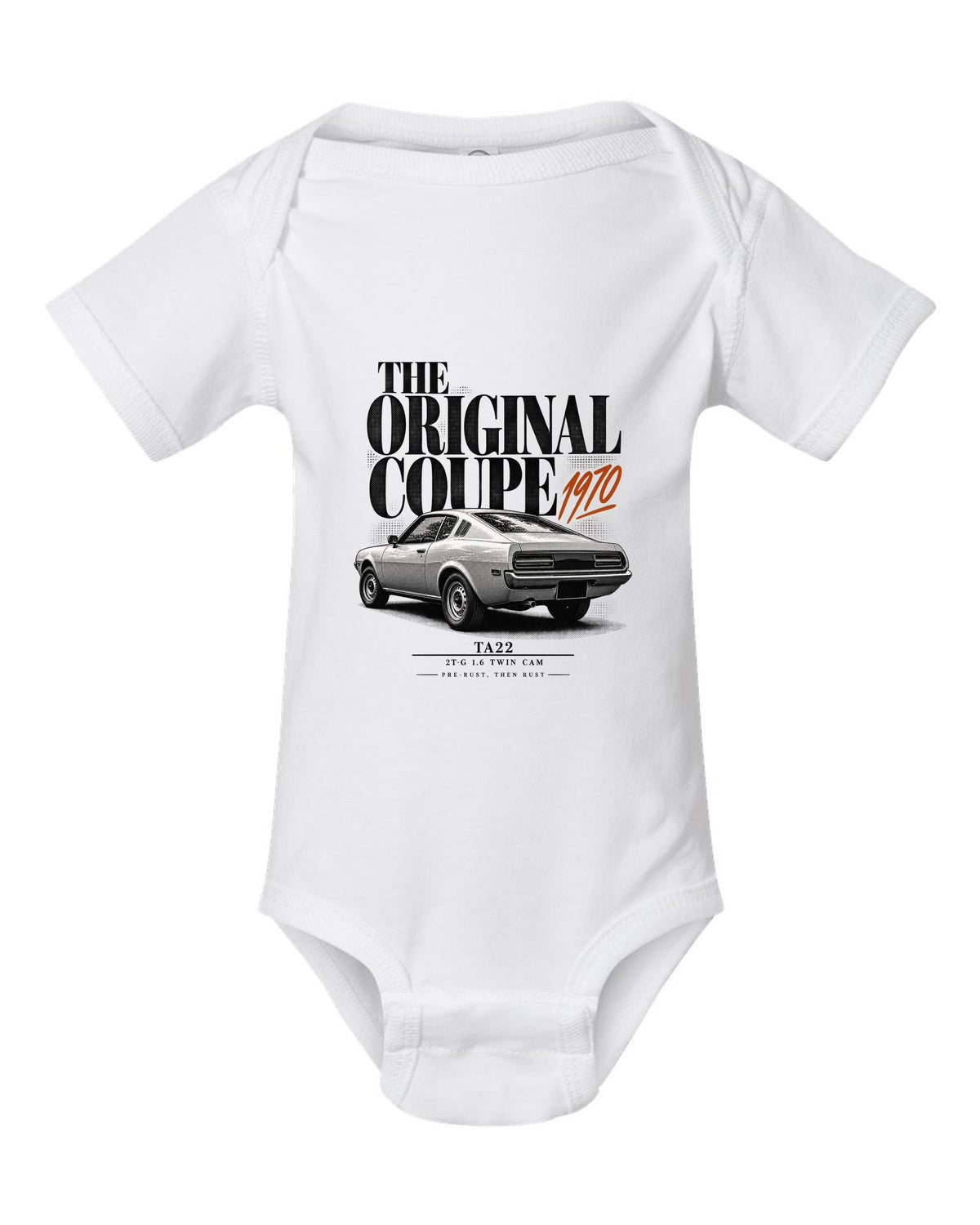 Editorial headline print of a Toyota Celica TA22 coupe with 2T-G 1.6 twin cam text white baby onesie front view with the design