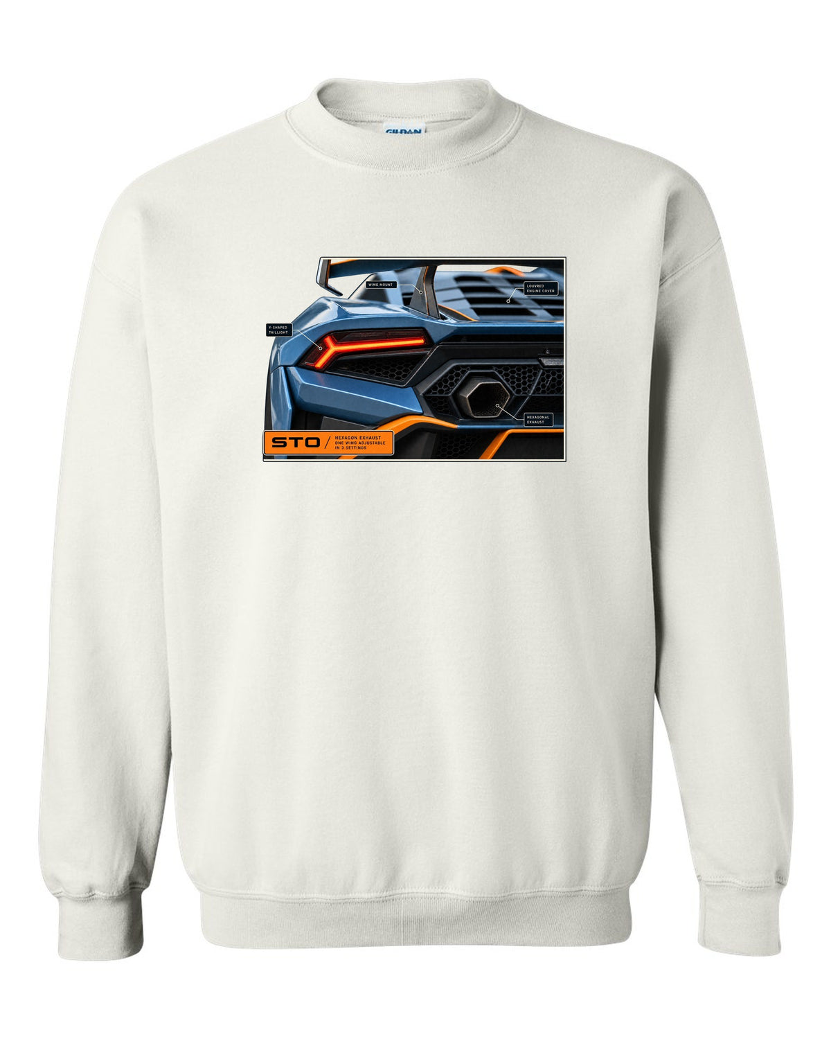 Taillight and hexagon exhaust macro print of the Lamborghini Huracan STO white crewneck front view with the design