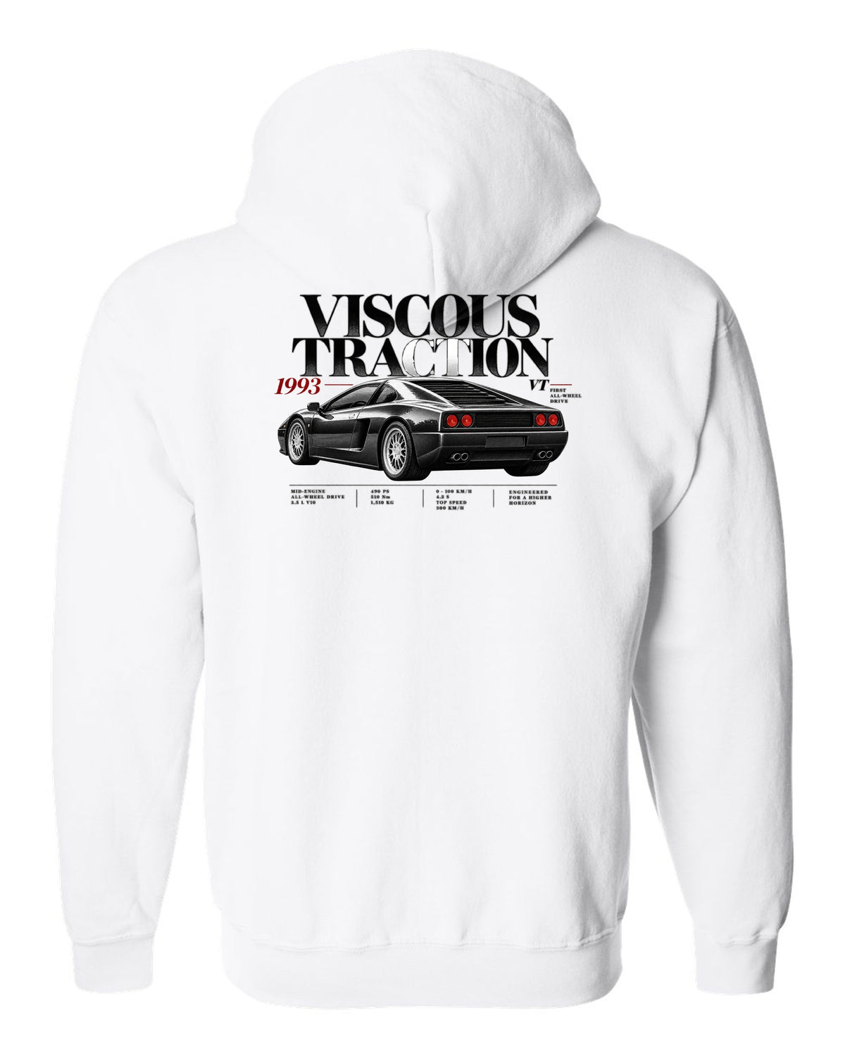 Editorial print of a Lamborghini Diablo VT with viscous traction and first all-wheel drive text white zip hoodie back view with the design