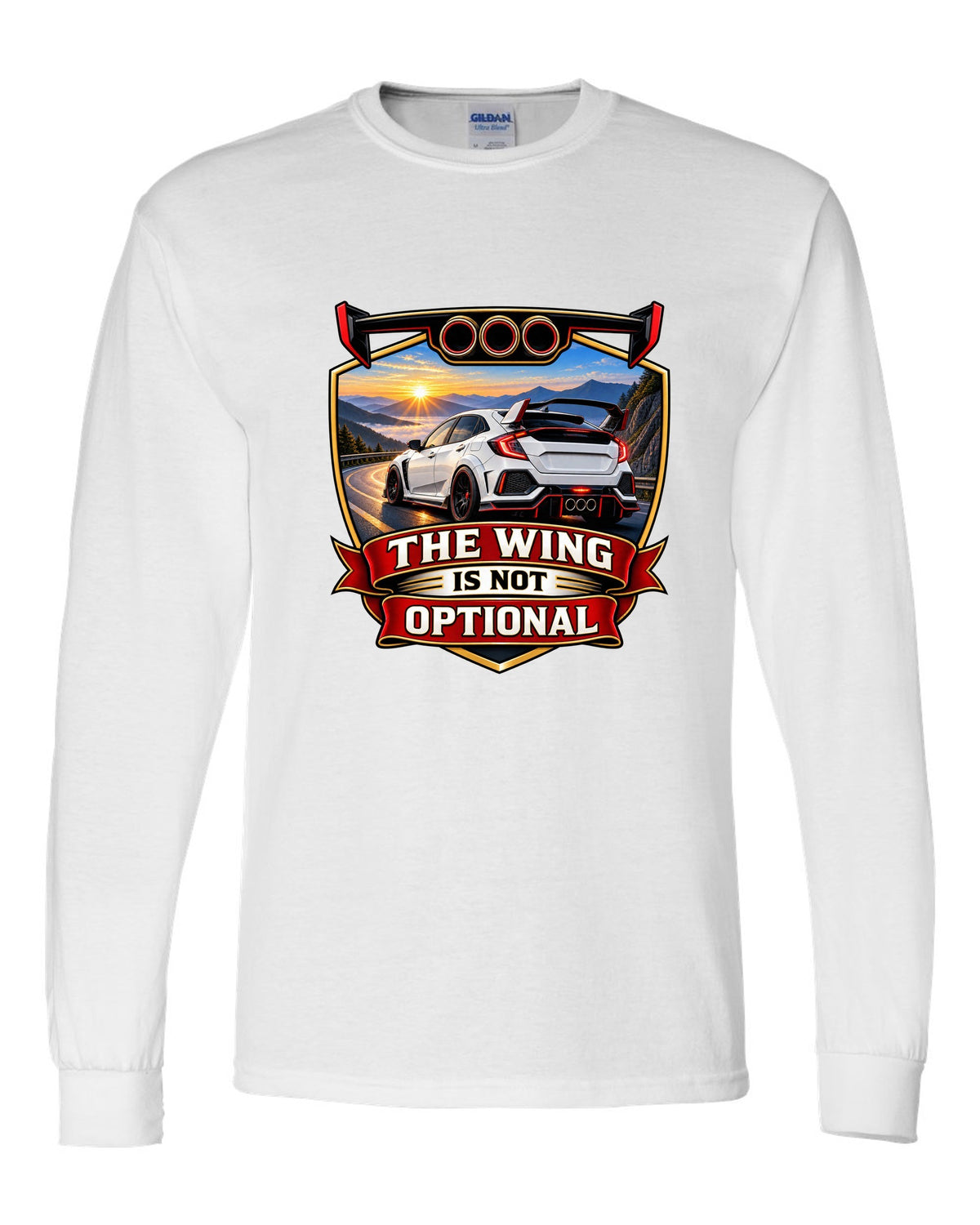 Racing shield print of a Honda Civic Type R FK8 ch with the wing is not optional text white long sleeve front view with the design