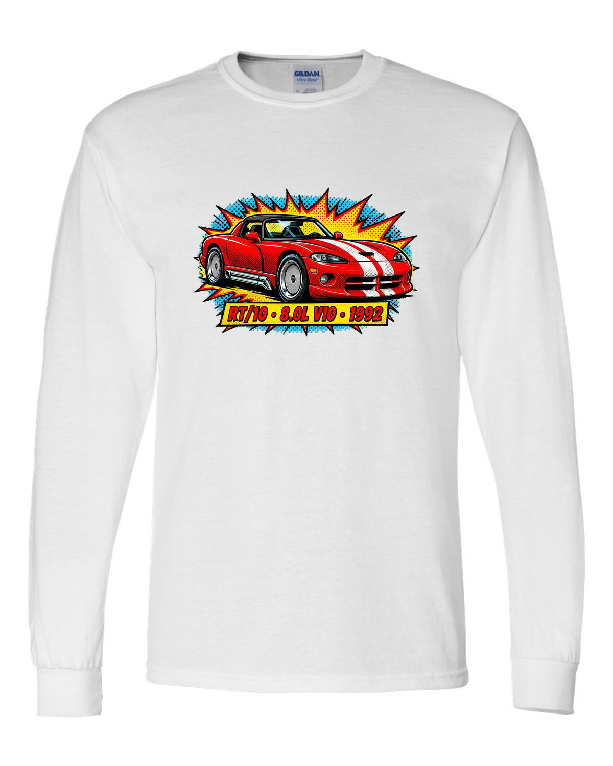Comic halftone pop-art print of a 1992 Dodge Viper RT/10 with 8.0L V10 text white long sleeve front view with the design