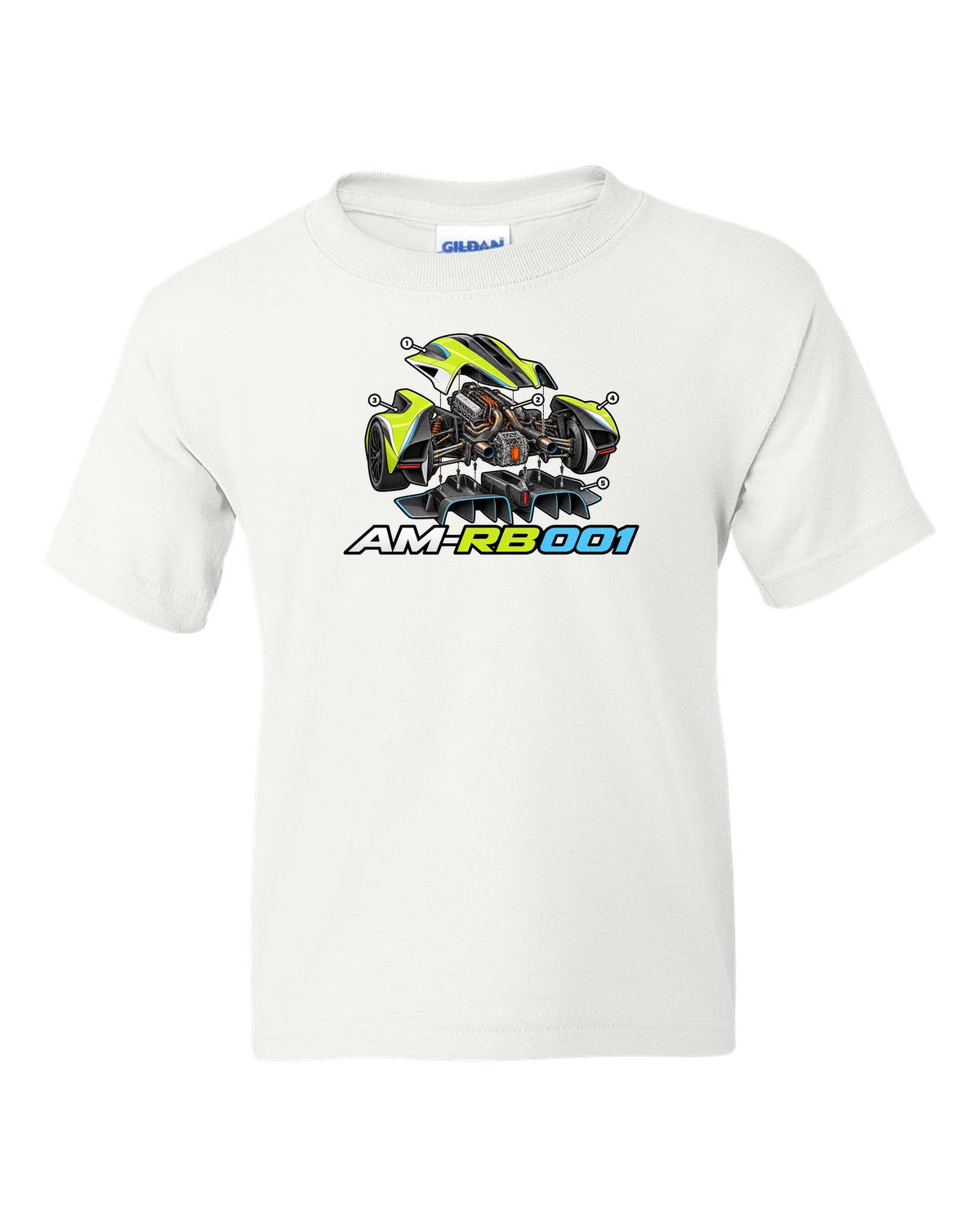 Aston Martin Valkyrie exploded isometric cutaway labelled AM-RB 001 white kids tee front view with the design