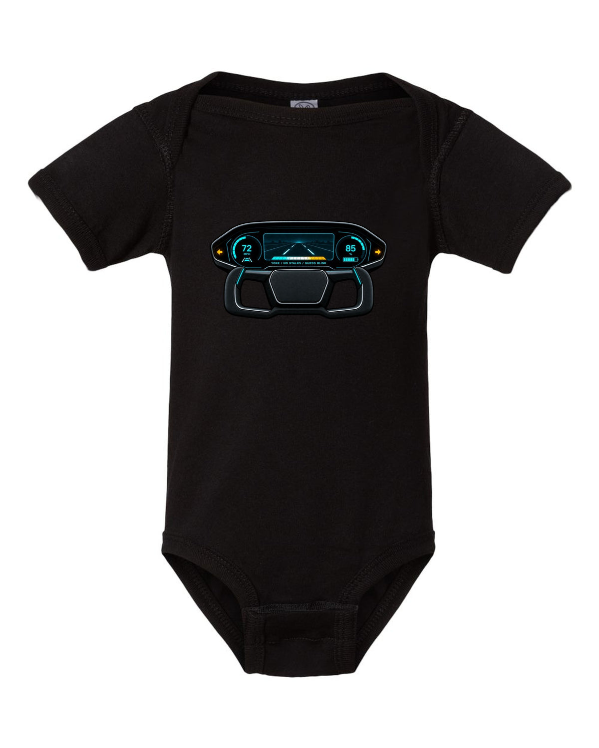 Gauge-cluster HUD design for a 2021 Tesla Model S Plaid with the words Yoke No Stalks Guess Blink black baby onesie front view with the design