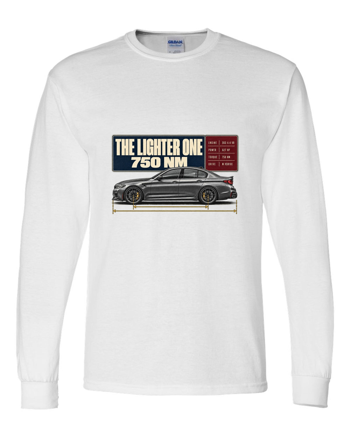 BMW M5 F90 CS spec poster print on a tee white long sleeve front view with the design