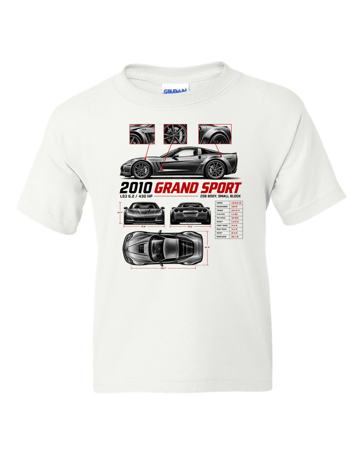 Corvette C6 Grand Sport 2010 with wide haunches, spec poster white kids tee front view with the design