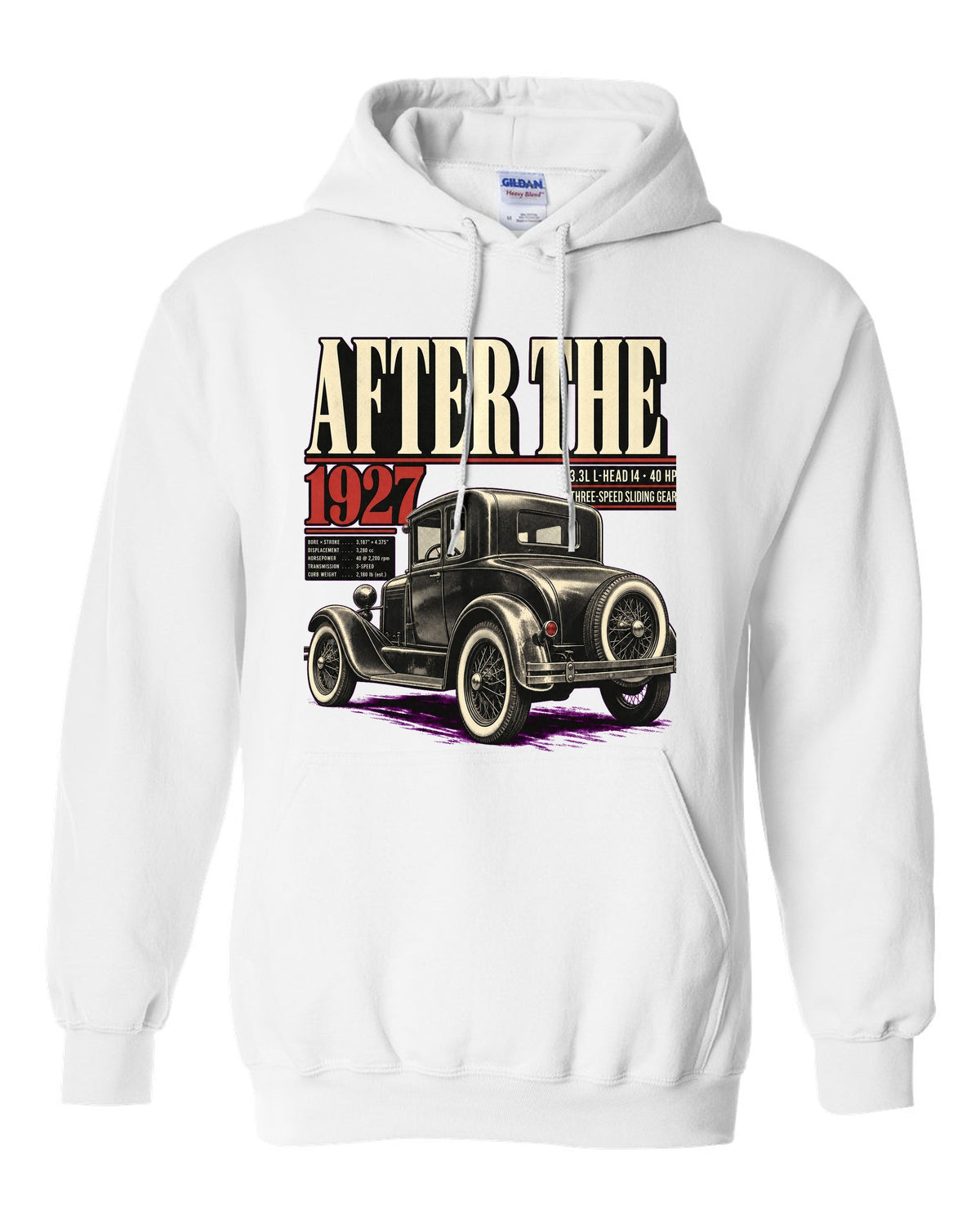 Editorial headline print of a Ford Model A coupe with spec lines white pull over hoodie front view with the design